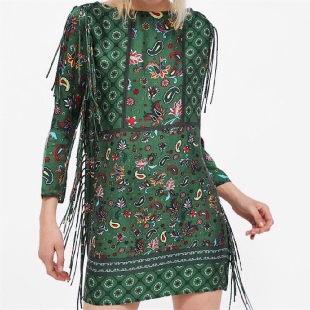 Zara Woman Green Paisley Print Fringe Tunic Dress
